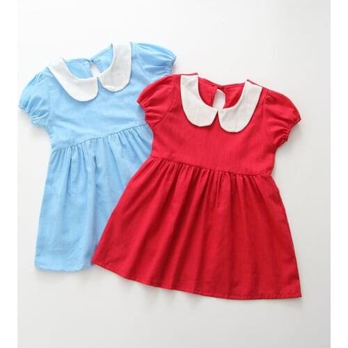 Cartoon Doll Collar Fashion Puff Sleeve Solid Color Simple Summer Dress Korean Baby Girl Princess Dress