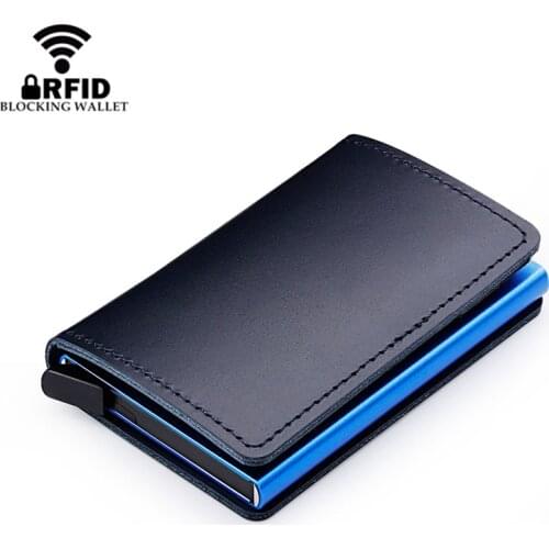 100% Genuine Leather RFID Blocking Credit Card Holder Aluminum Business ID Cardholder Slim Metal Card Case Mini Wallet For Men