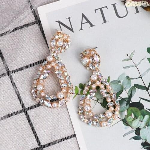 Waterdrop Shiny AB Crystal Pendant Drop Earrings Vintage White Simulated Pearl Statement Earrings Wedding Bridal Love Jewelry