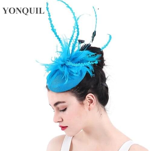 Charming Sea Blue Imitation Sinamay Fascinators Hats Wedding Hair Accessories Feather Flower Kentucky Derby Headpieces SYF308