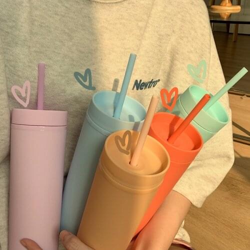 Ins Summer Cute Plastic Sippy Cup Macaron Water Bottle With Straw Korean Female Student Large Capacity Cold Drink Water Cups