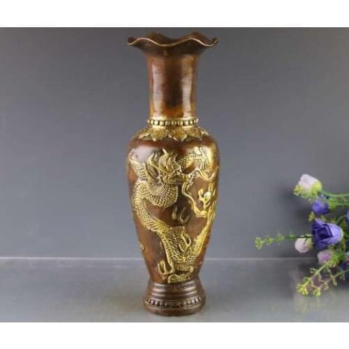 Rare Old MingDynasty Copper gilt vase,Dragon bottle,hand carving crafts,best collection&adornment,free shipping