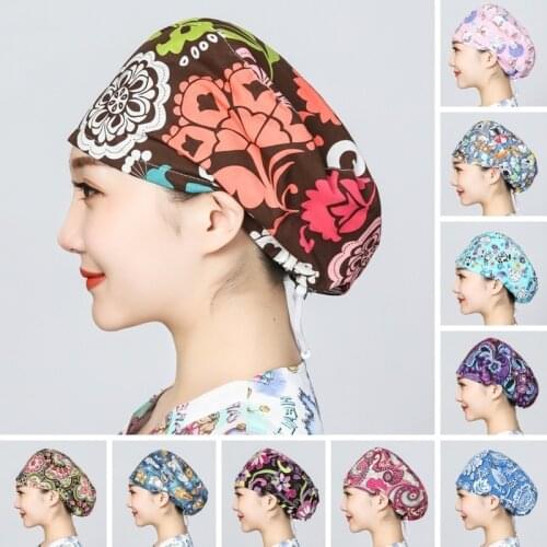 Adjustable Unisex Cap 100% Cotton Scrub Hat Washable Nursing Hat Printed Elastic Accessories Unisex Beauty Salon Working Caps