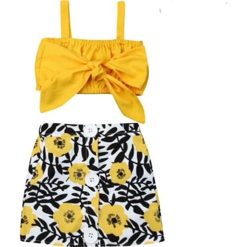 Sweet Kids Baby Girls Clothes Sets Yellow Sleeveless Bow Vest Tops Floral Button Skirt Outfits Sunsuit