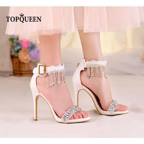 TOPQUEEN- A23Daily Life Sandals Ornate Rhinestone Wedding Shoes Open Toe With Tick White Heels And Buckled Womens Pumps Pinkage