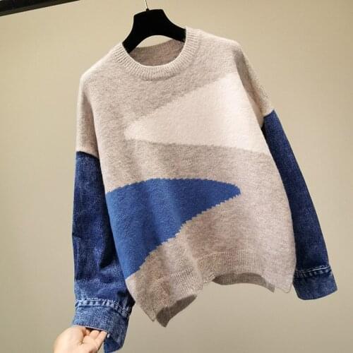 Urifens Pullover O Neck Hedging Denim Stitching Contrast Sweater Women All-Match Long-Sleeved Sweater Loose Lazy Wind Top P50