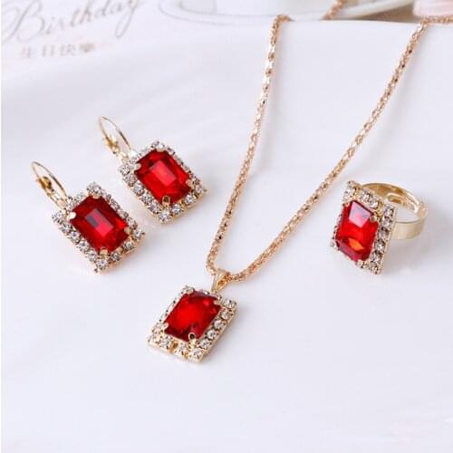 Jewelry sets earring ring necklace cuboid shape 5 color crystal setting gold color plated metal chain bride wedding jewelry