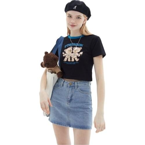 Women T-shirt Summer 2021 New Korean Cartoon Bear Navel Cropped Short Top Hot Girl Sweet Short Sleeve Basic Tops Tees N0053