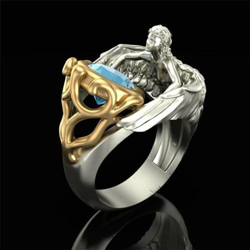 Ocean Blue Zircon Angel Wings Rings For Women Men Vintage Fashion Two Tone Yellow Gold Color Ring Male Female Antique Jewelry