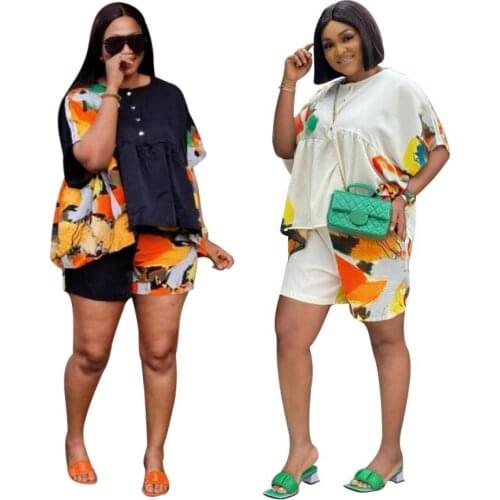 2021 Women Casual Shorts Sets Fashion Patchwork Print Short Sleeves O-Neck Tops Loose Nightclub Party Buttons Outfits Streetwear