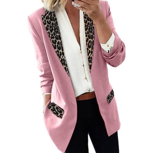 Office Lady Blazer Turndown Collar Leopard Print Fake Flap Pockets Long Sleeve Lapel Suit Jacket for Working 2021 Autumn Blazers