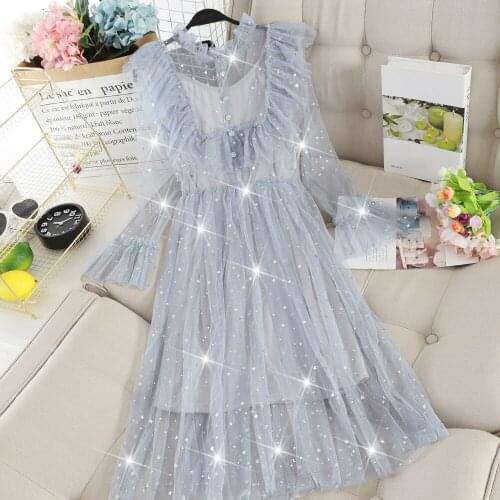 Women Flare Sleeve Rhinestone Button Ruffles Dress Elastic Slim Pleated Bling Star Sequined Lace Pullover Mesh Gauze Midi Dress