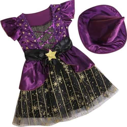 2021 Newest Sumer Cartoon Cute Suit Set Halloween Costumes Star Patterns Square Neck Fly Sleeve Dress Solid Color Hat For Girls