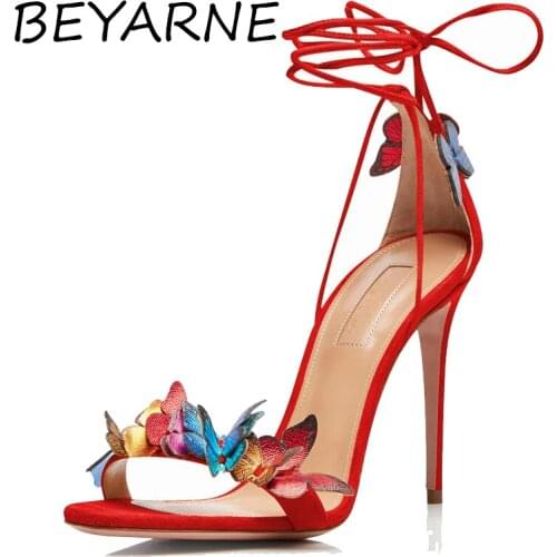 BEYARNESexy Thin Heel Sandals Ladies Sheepskin Ankle Strap Butterfly Shoes Round Toe Outdoor Womens Summer High Heels Shoes