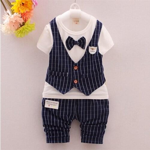 2020 Summer Children Baby Boys Cotton Clothes Infant Outfits Kid Gentleman Bowknot Tie T-Shirt 2pcs/Set Toddler Fashion Clothing