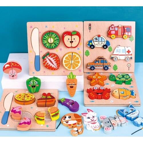 New Kids Montessori Wooden Cutting Beaded Puzzle Toy Children Early Education Cut Fruits Vegetables Traffic Play House Toys