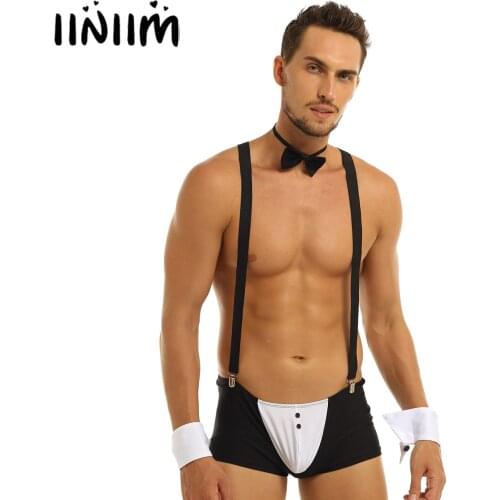 Mens Groom Tuxedo Set Boxer Underwear Sexy Lingerie with Suspender Shoulder Straps Bow Tie Collar Bracelets Costumes