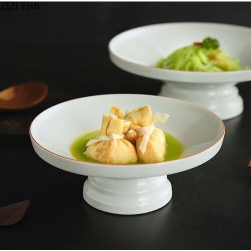 Round High-foot Plate Hotel Western-style Main Course Salad Dessert Fruit Plate European-style Home Kitchen Ceramic Tableware