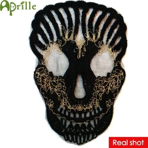 3d 30x20cm black skull skeleton patch gold line lace towel embroidered patches for clothing sew on clothes motif applique fabric