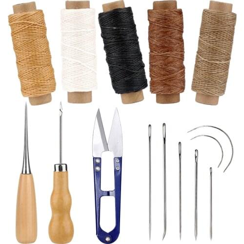 LMDZ 5 Colors 50m Waxed Thread Leather Stitching Needles Bent Needles Yarn Scissors Thread Cutter Wooden Handle Drilling Awls