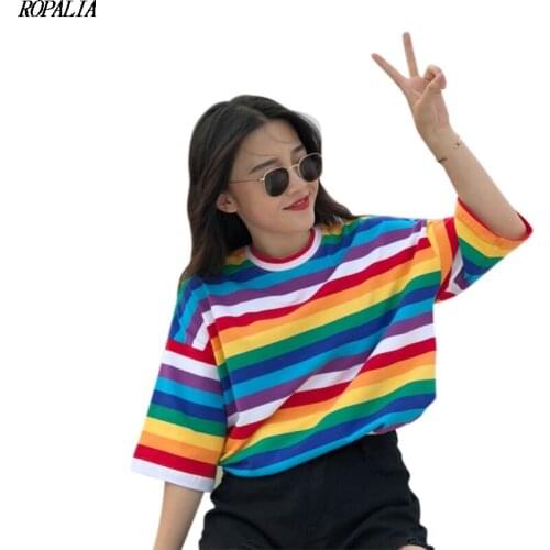 Sweet Striped Print Half Sleeves T-shirts Women\s Fahion O-Neck Polyester Tees Tops