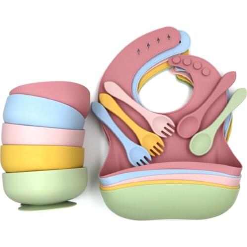 Baby Silicone Bowl Feeding Tableware Bib Spoon Feeding Set Food Grade Silicone BPA Free Dishes Plate Newborn Gift