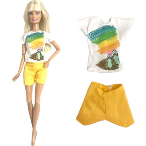NK 1 Set Doll Noble White Pattern Short-Sleeved Suit Fashionable Daily Yellow Shorts For Barbie Accessories Doll Best Child Gift