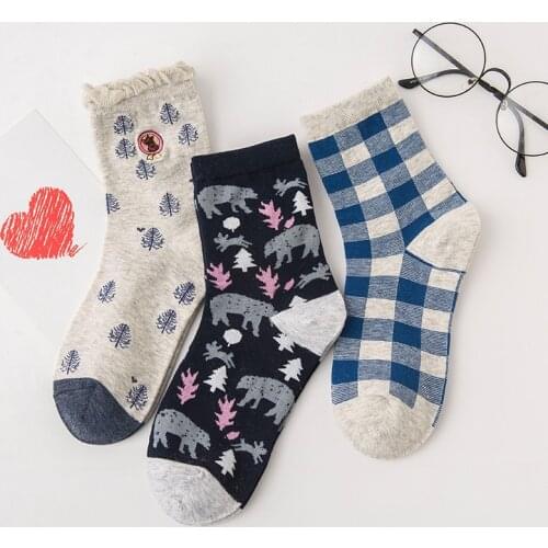 Womens socks Blue Cute Soft Cotton Grizzly bear Design High Quality Lolita Girl Sweet Female New Year Gift 3 Pairs/set Socks