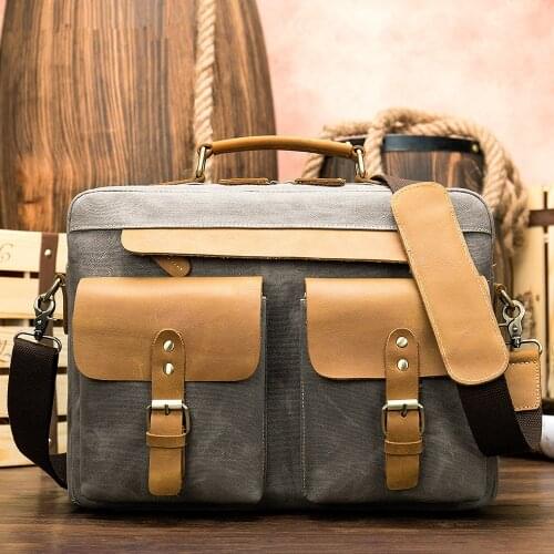 New arrival casual vintage mens briefcase canvas&crazy horse cow leather large men bag handbag business bags 14" laptop bag man