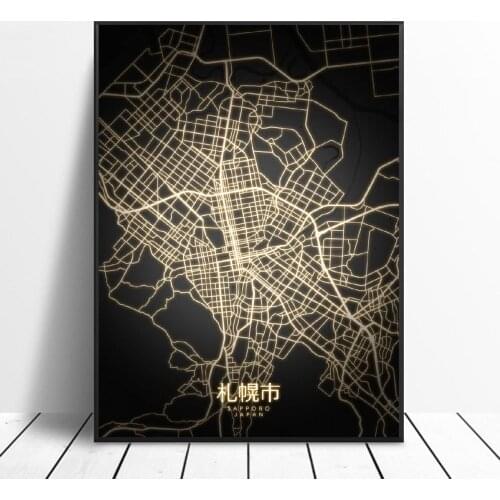 Osaka Sapporo Sendai Tokyo Yokohama Japan Black and gold Canvas Wall Art Map Poster Home Office Modern decor HD Print