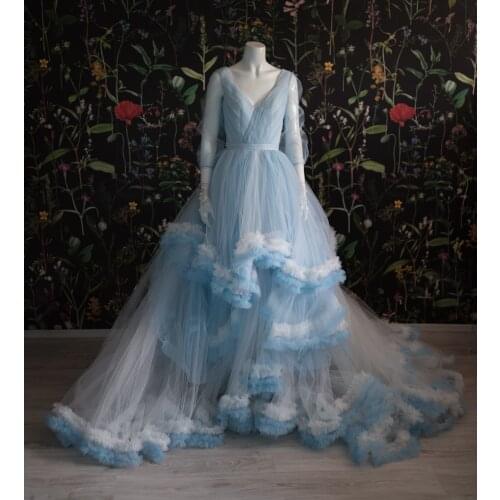 Light Blue Ball Gown Long Sleeves Prom Dresses 2021 V Neck Puffy Formal Evening Party Dress vestidos de gala