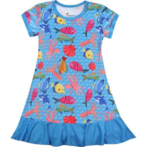 Cartoon Ocean Fish Octpus Pajamas Gowns for Girls Baby Lovely Dresses Child Blue Animal Printing Nightgowns Night Dress for Kids