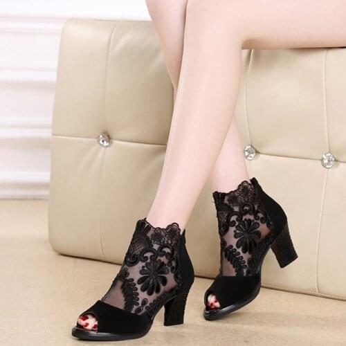 Latin Dance Shoes Modern Salsa Ballroom Tango Square Heel Soft Bottom Dancing Boot Pu/Mesh Lace Sandals Girls Women Dance Shoes