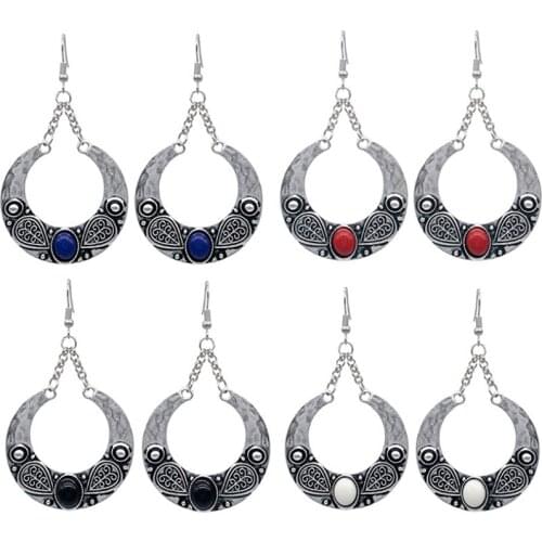 Jewelry Bohemian Vintage Ethnic Tibetan Silver Long Big Hollow Round Drop Earring Carved Flowers Dangle Earrings Women