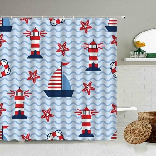 Cartoon Fun Starfish Shell Lighthouse Shower Curtain Sail Blue Background Boy Child Bathroom With Hook Waterproof Hanging Screen
