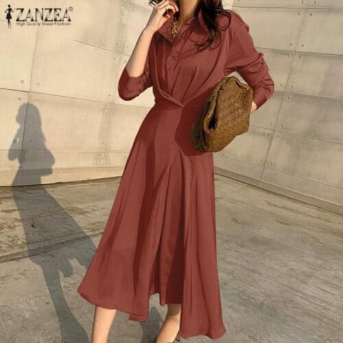 ZANZEA 2021 Stylish Irregular Shirt Dress Womens Sundress Solid Long Sleeve Midi Vestidos Female Lapel Button Robe Plus Size 7