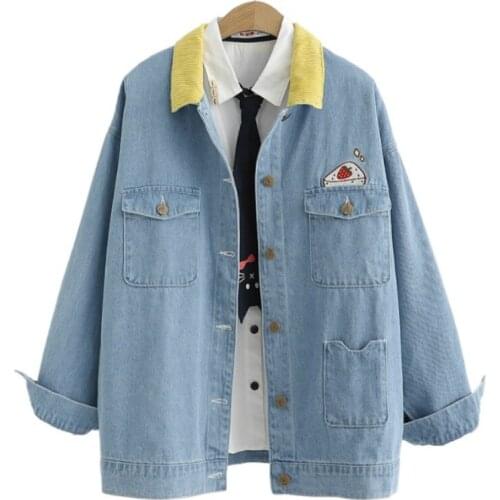 Merry Pretty Women Denim Jackets Cartoon Embroidery Jeans Jackets 2020 Winter Long Sleeve Turndown Collar Pockets Basic Jackets