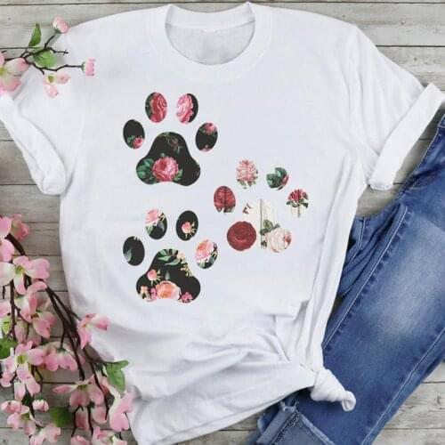 Women Sweet Flower Pet 90s Dog Paw Cartoon Summer Fashion Lovely Clothes Print Short Sleeve Tops Tees Tshirt T-Shirt