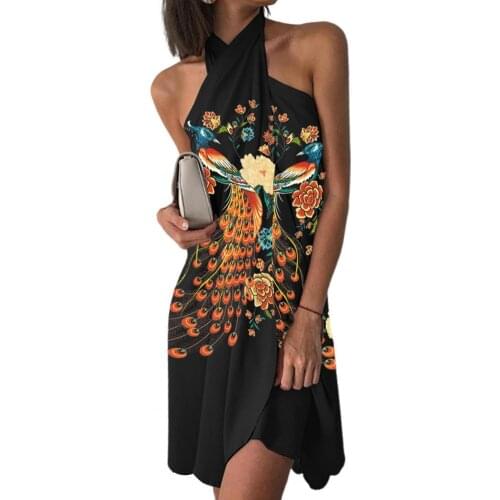Women Dresses Summer Sexy Floral Print Beach Dress Halter Dress Irregular Hem Cool Ladies Off Shoulder Dress for Banquet Robe