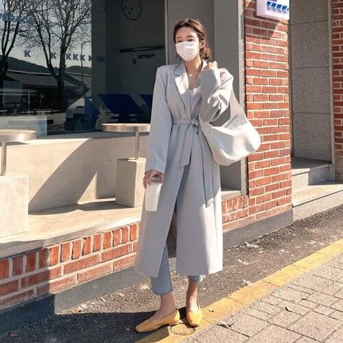 2021 spring and autumn lace up temperament suit coat womens middle and long knee thin Korean version one button French