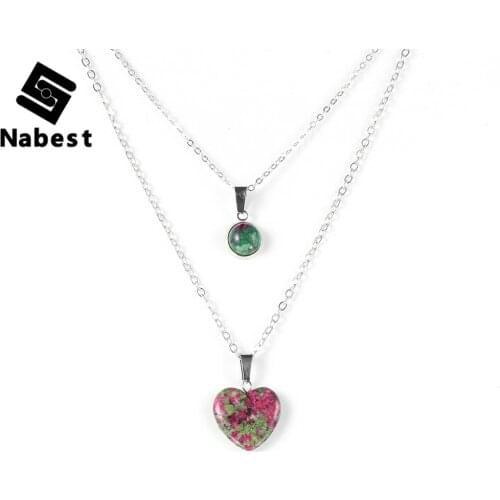 Women Natural Stone Love Heart Amethysts Pendant Necklace Double Layers Tiger Eye Red Green Gem Clavicle Chain Wedding Jewelry