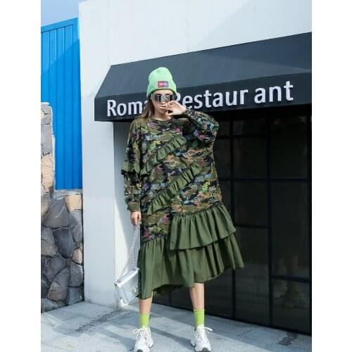 Tide Autumn Women Dress Fashion Splicing Pattern Printed Lotus Leaf Large Size Dress Female New Round Neck Loose Spring Dreess