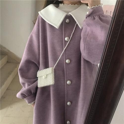 Winter Preppy Style Girl Retro Woolen Coat Sweet Lolita Girl Doll Collar Long French Violet Tender Fairy Pearl Button Coat