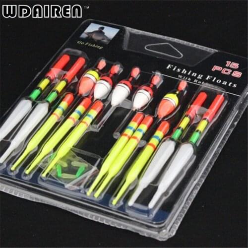 1 set (15Pcs) Vertical Buoy Sea Fishing Floats Assorted Size for Most Type of Angling with Attachment Rubbers Fishing Lures