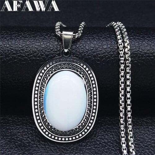 2021 Bohemia Oval Stone Opal Stainless Steel Chain Necklace for Women/Men Jewelry Bohemian Necklace Collana Pietra N3608S01