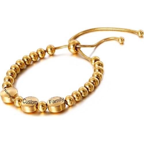Custom Name Date Round Beads Strand Bracelet Stainless Steel Engrave Beads Bracelet For Women Girl Birthday Gift DIY