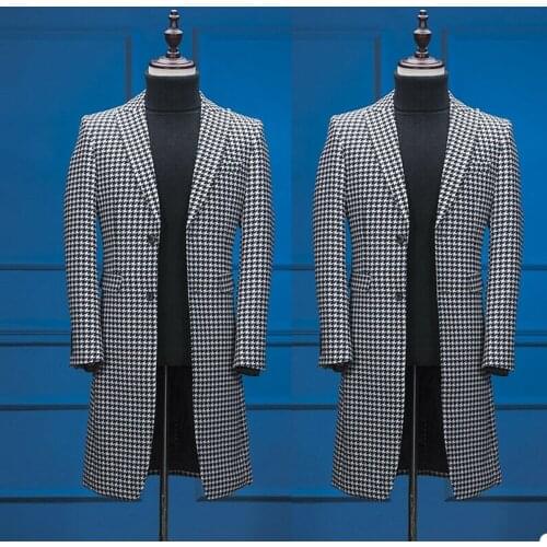 Black Check Mens Long Jacket Suits Two Button Peak Lapel Formal Groom Warm Wear Tuxedos Only One piece