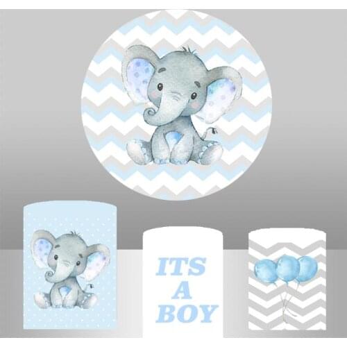 Baby Shower Elephant Blue Boy Round Backdrop Elastic Polyester Circle Background Cylinder Cover Table Banner Party Decoration824