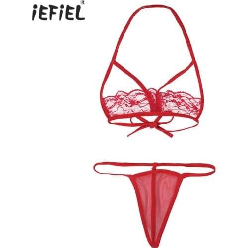 Women See-through Lingerie Suit Nightwear Two-Piece Bikini Bra Set Sleepwear Halter Floral Lace Bra with Mesh G-string Underwear