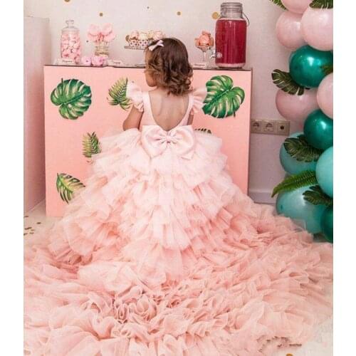 Elegant Pink Flower Girls Dresses Backless Sweep Train Pink Girls First Communion Dresses Pink Puffy Girls Birthday Party Dress